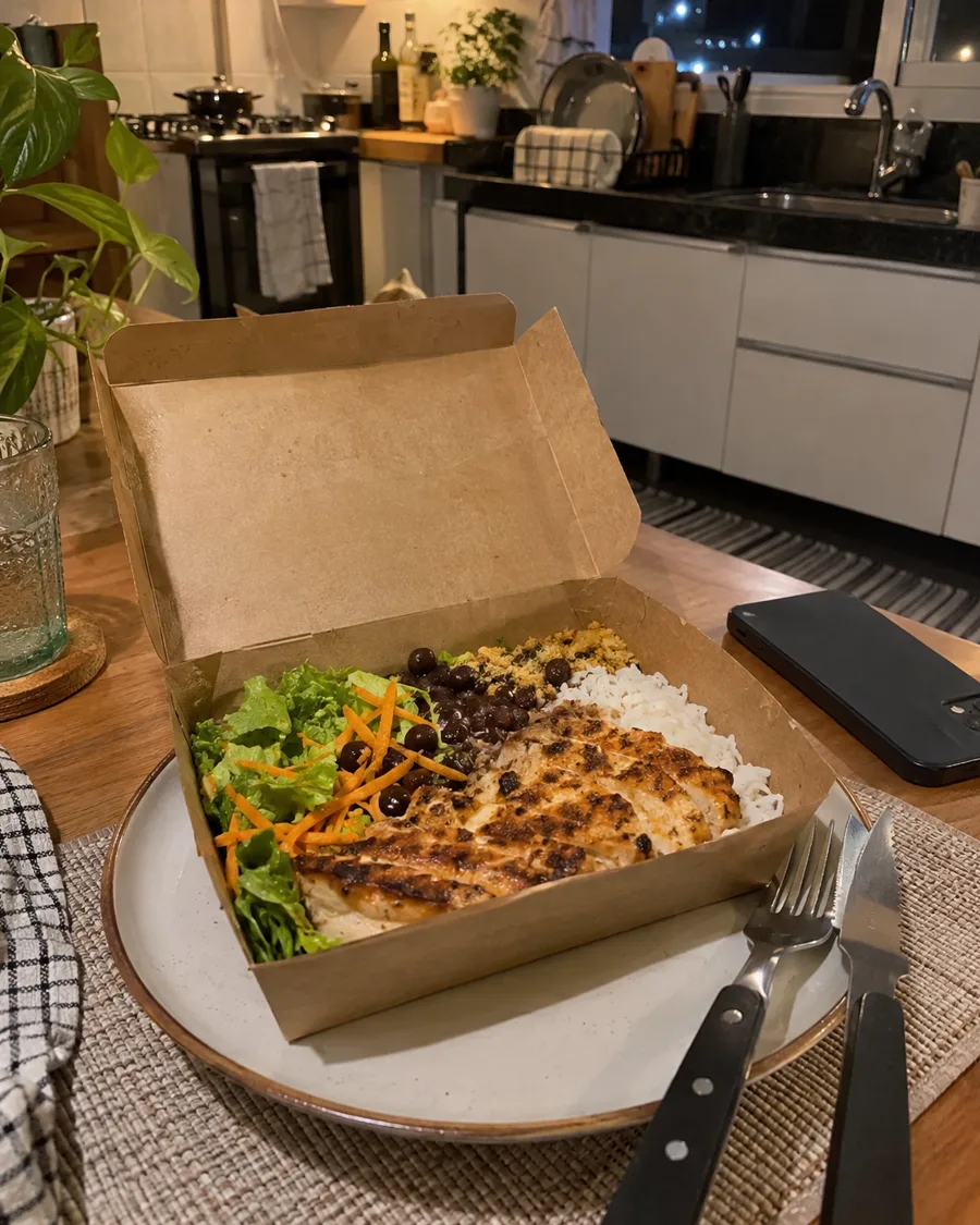 Marmita de frango com arroz, feijão e salada aberta sobre um prato na mesa da cozinha, à noite