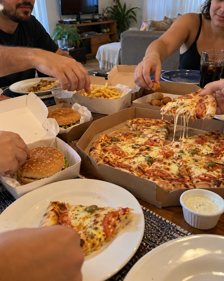 Mesa com pizza, hambúrguer e batata frita de delivery, várias pessoas se servindo